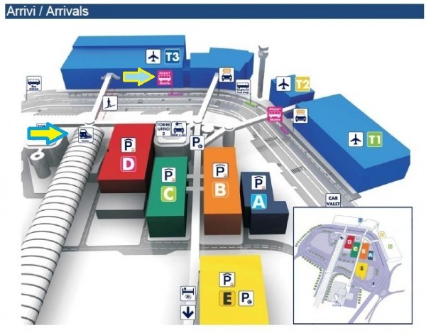 FCO Map Arrivi Arrivals2 Train Station Designated 2 600x469 Where to Meet at FCO?